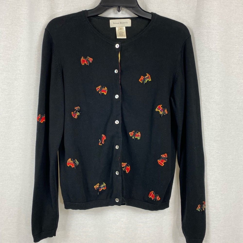 Susan Bristol Black Embroidered Scottie Button-Front Cardigan Sweater